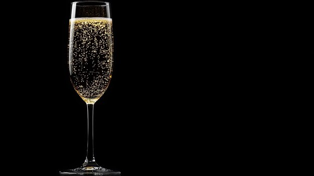 elegant champagne glass with bubbles on black background