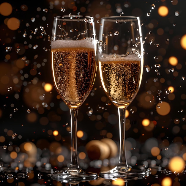 Elegant champagne glasses toasting in festive ambiance sparkling wine celebration closeup party con