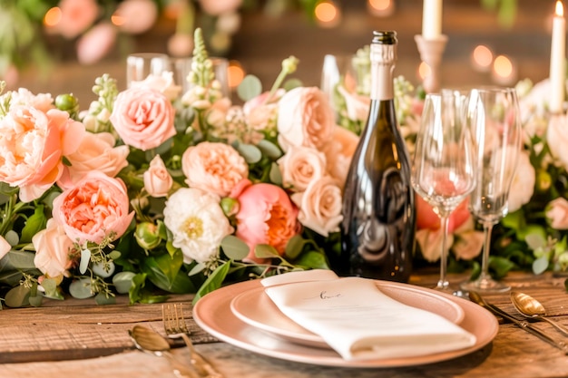 Foto elegant champagnefeest met bloemendecoratie.