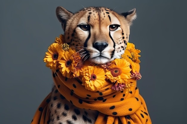 Elegant cheetah wearing scarf with flowers on a colored background Generative AI