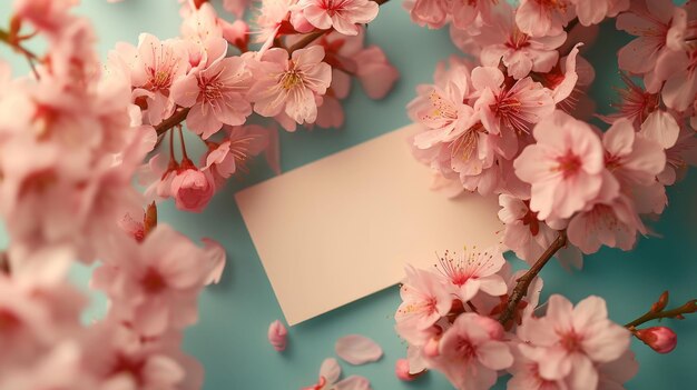 Elegant cherry blossoms surrounding a blank white card on a soft blue background perfect for spring invitations or announcements