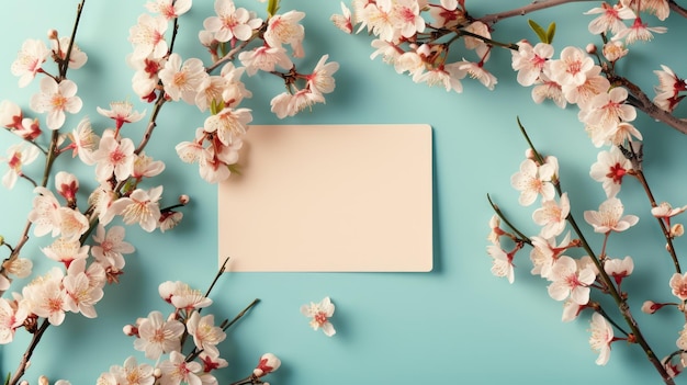 Elegant cherry blossoms surrounding a blank white card on a soft blue background perfect for spring invitations or announcements