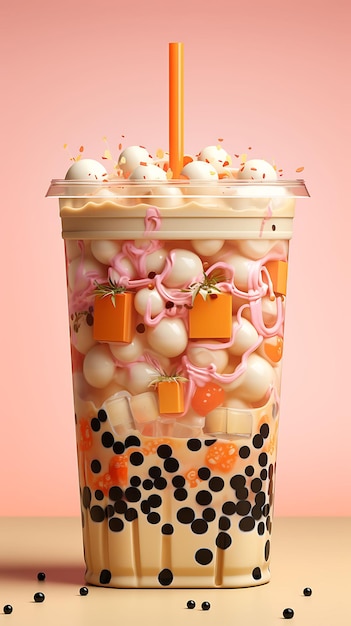 Elegant Chinese Bubble Tea Tapioca Pearls Grass Jelly Pudding Neon C Trending Background Layout