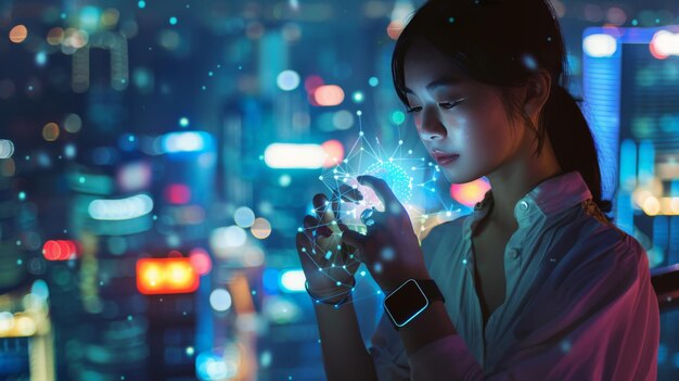 Elegant Chinese businesswoman checking her smartwatch against the backdrop of a digitally enhanced city skyline embodying urban sophistication