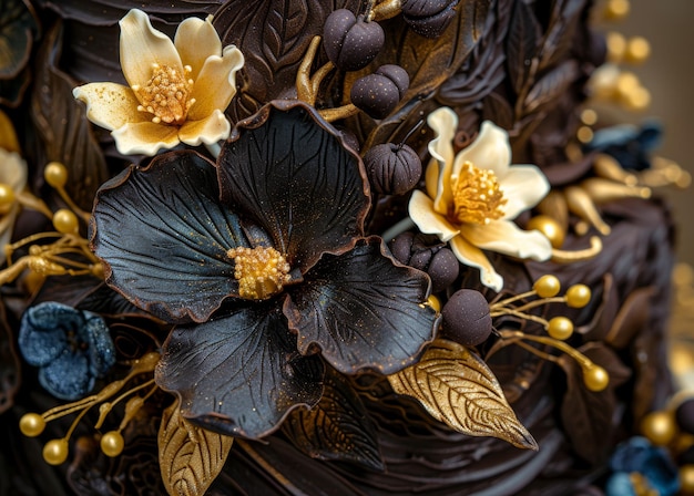 Elegant chocolate cake decorated with edible flowers and berries