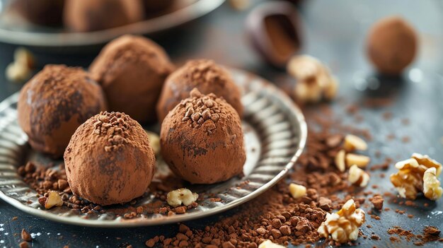 Photo elegant chocolate truffles rolled in cocoa powder and crushed nuts served on a silver platter