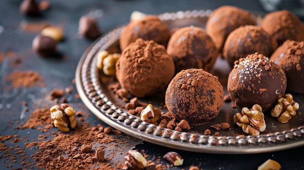 Elegant chocolate truffles rolled in cocoa powder and crushed nuts served on a silver platter