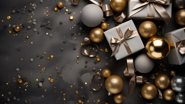 Фото Элегантная рождественская композиция с бронзовыми подарочными коробками, украшениями и праздничными конфетами на темном фоне.