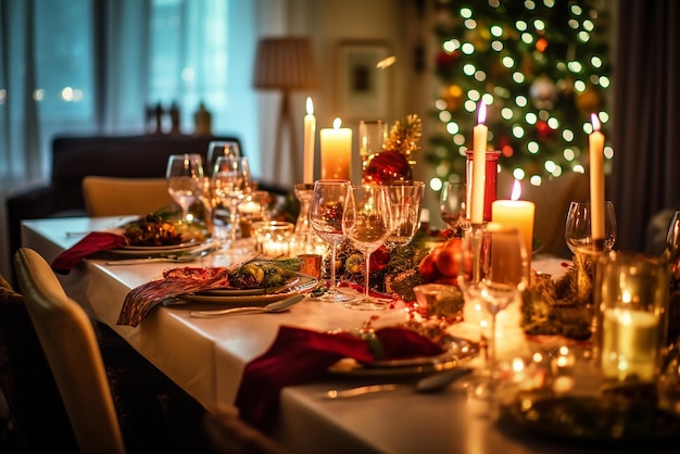 Elegant Christmas Dinner Table Set for a Festive Holiday Night Created with Generative AI Tools