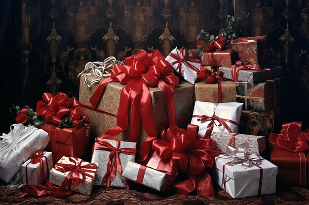 Photo elegant christmas gifts pile created with generative ai