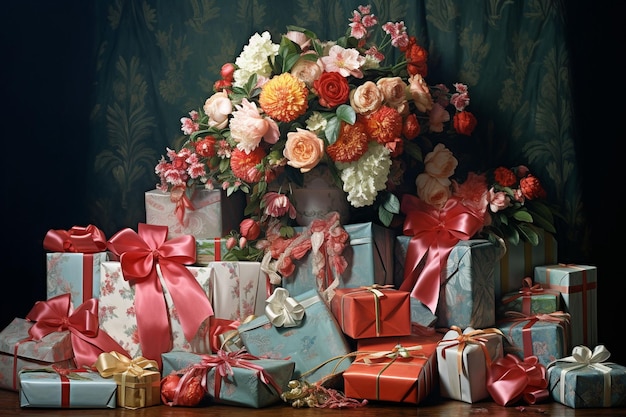 Photo elegant christmas gifts pile created with generative ai