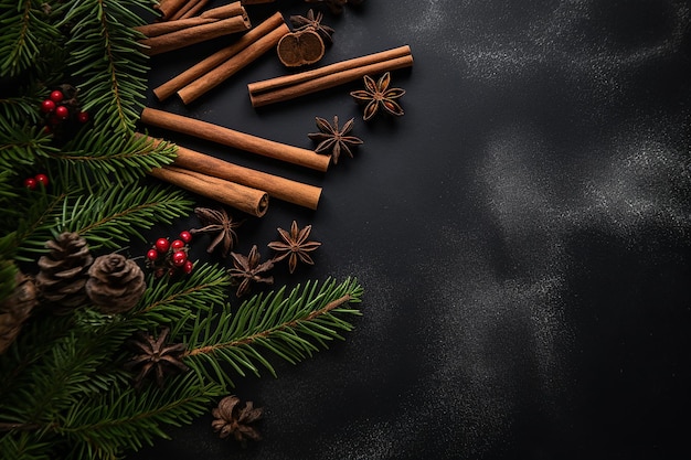 Фото Элегантный рождественский праздничный фон с елковыми листьями и коричневыми палочками на темно-сером