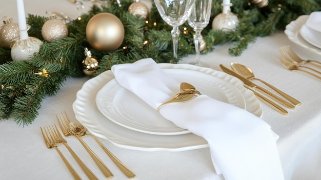 金色の食器と白い皿で麗なクリスマステーブルのセット