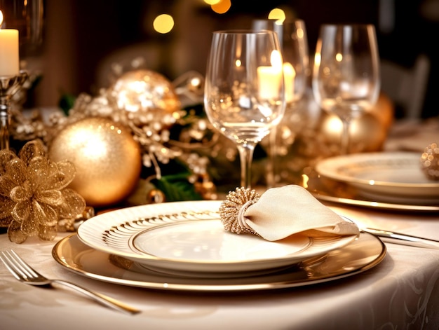 Elegant Christmas table setting with golden ornaments and decorations Christmas dinner celebration concept