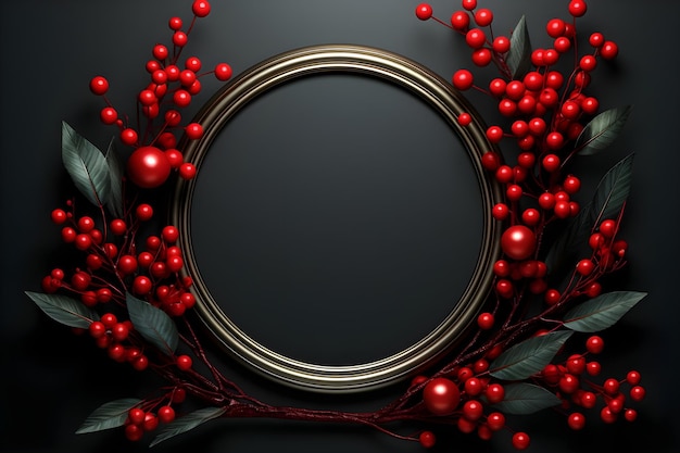 Elegant Circular Frame Surrounded by Lush Red Berries on a Dark Background generative ai