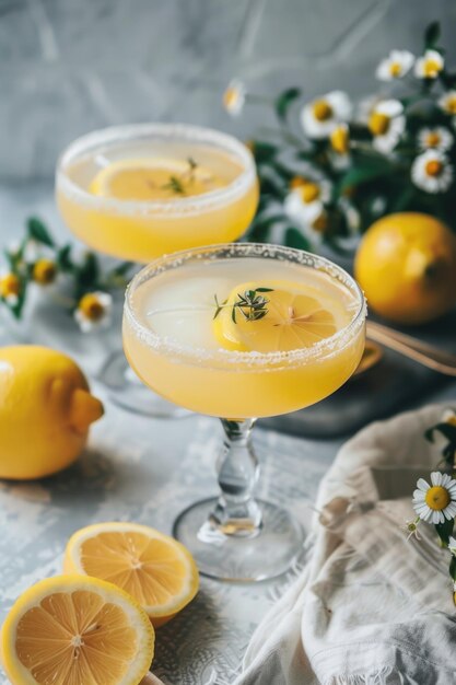 Elegant Citrus Cocktail with Thyme Garnish and Rustic Backdrop