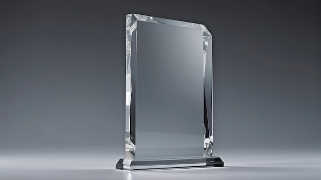 Elegant clear glass trophy on a reflective surface