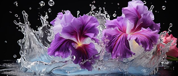 Foto elegante primo piano di fiori di iris con gocce d'acqua