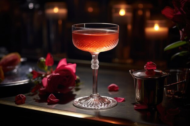 Elegant cocktail in a dimly lit atmospheric bar setting