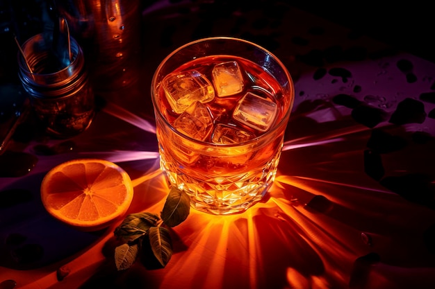 Elegant cocktail glasses on a bar counter illuminated by party lights symbolizing festive celebrations