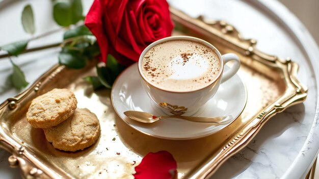 Elegant Coffee Cup with Cookies on Golden Tray