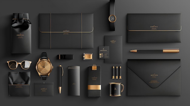 An elegant collection of black gift item mockup design templates with a 3D render backdrop on a table Generative AI