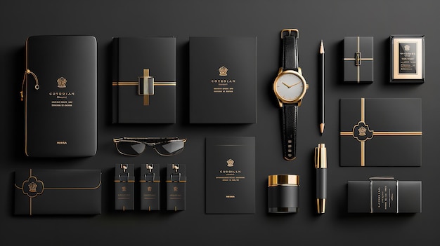 An elegant collection of black gift item mockup design templates with a 3D render backdrop on a table Generative AI