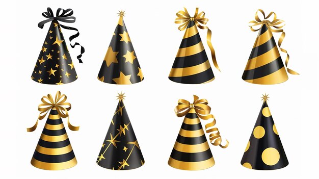 Elegant collection of black and gold hats with different patterns for festive celebrations