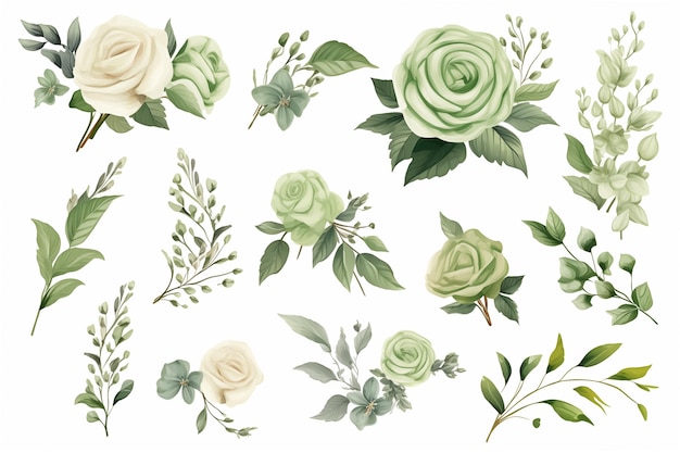 Elegant collection of green and white roses and foliage