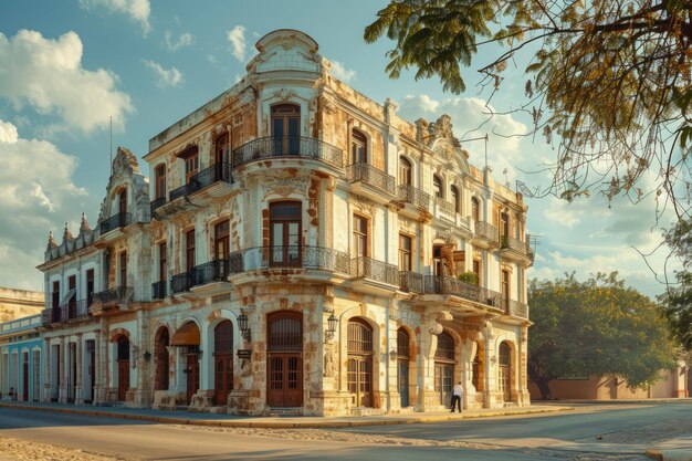 Elegant Colonial Architecture Under Blue Sky Historical Building Facade with Ornate Details and