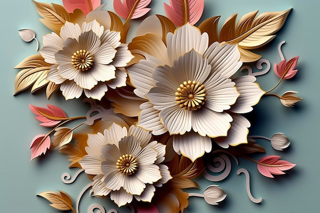 Elegant colorful 3d flowers with leaves on a tree illustration background Generative AI