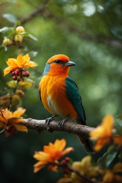 A elegant colorful bird sitting on branch with leaves and flowers in the natural background