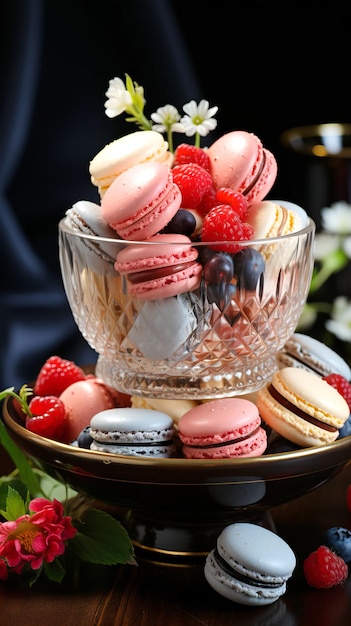 Elegant and colorful macarons and fresh berries in a crystal vase