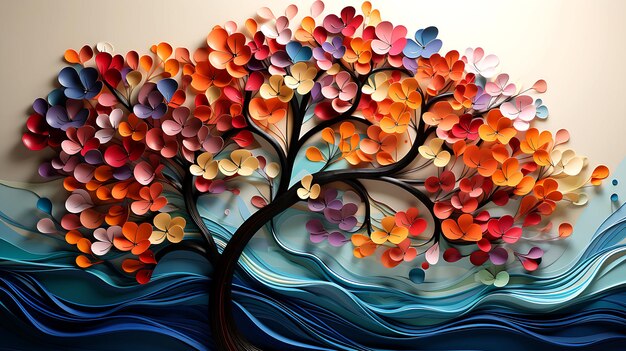 Elegant colorful tree with vibrant leaves hanging branches 3d abstraction wallpaper