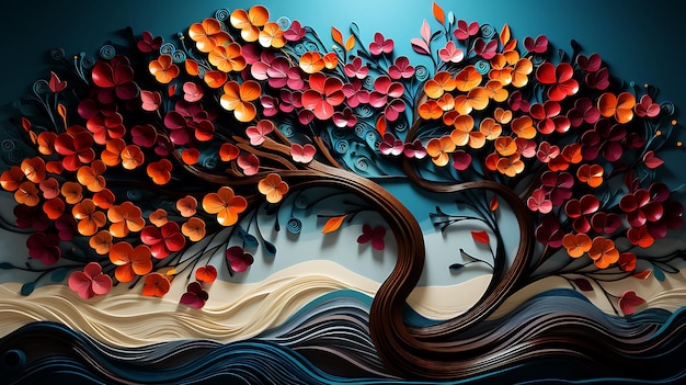 Elegant colorful tree with vibrant leaves hanging branches 3d abstraction wallpaper