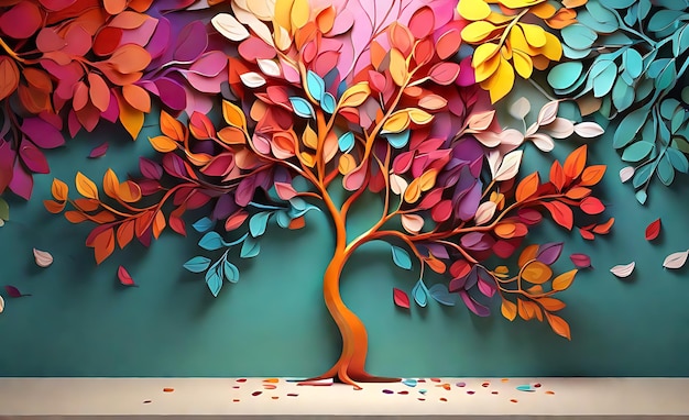 エレガントなカラフルな木で,活気のある葉が枝にぶら下がっているイラストの背景の壁紙アート