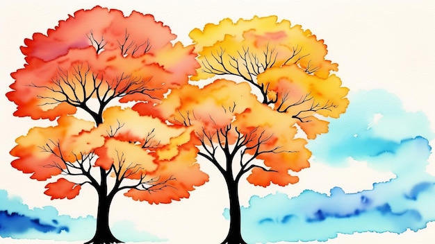 Photo elegant colorful tree with vibrant leaves hanging branches illustration background watercolor illustration ai generated