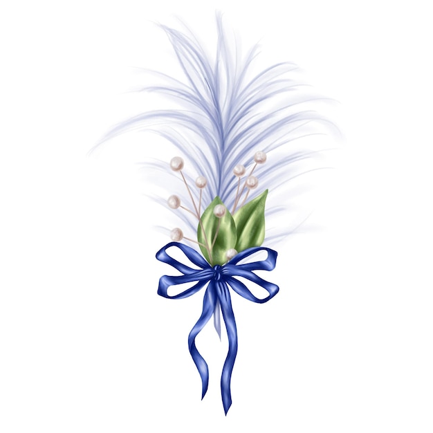 An elegant composition of an airy feather leaves and dried flowers tied with a blue silk ribbon Digital illustration on a white background For invitations thanks or a greeting card