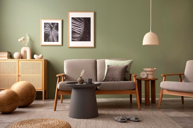 Elegant composition of living room interior Modern scandi sofa design pillows side table rattan commode and creative personal accessories Sage green wall Template Copy space