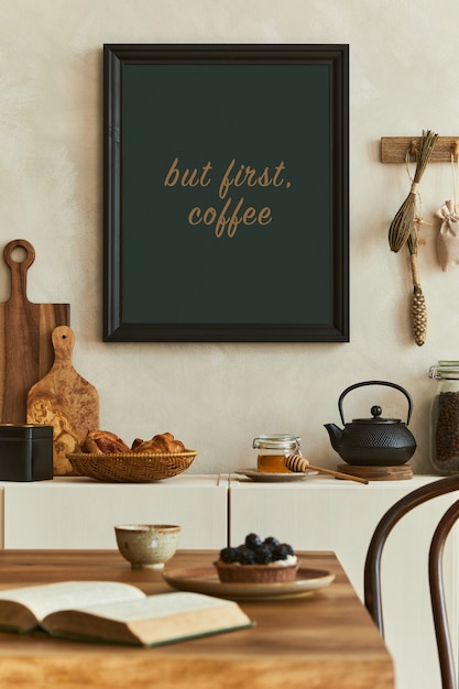 Photo elegant composition of stylish dining room intrerior with mock up poster frames, beige sideboard, dining table and personal accessories. copy space. template. autumn vibes.