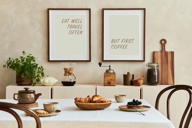 Elegant composition of stylish dining room intrerior with mock up poster frames, beige sideboard, family dining table, plants and vintage personal accessories. Copy space. Template. Autumn vibes.