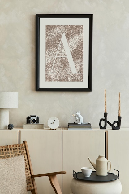 Elegant composition of stylish living room intrerior with mock up poster frame, beige sideboard and minimalistic personal accessories. Copy space. Template.