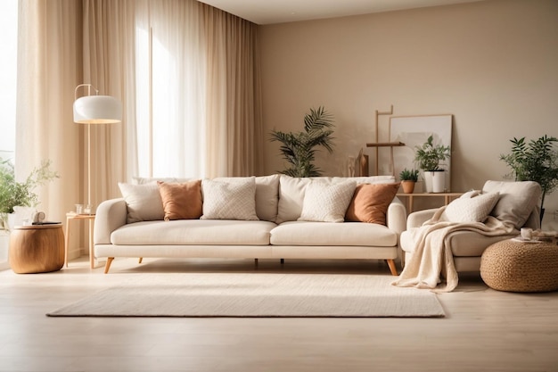 Elegant contemporary living room interior decorated in cozy beige tones