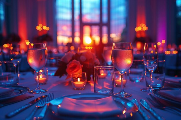 Photo elegant corporate gala dinner set in a grand ballroom