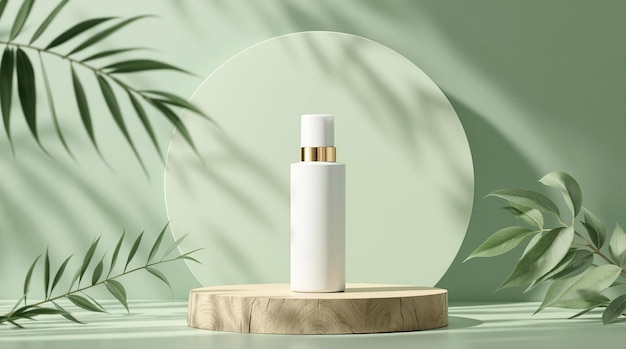 elegant cosmetic bottle displayed with natural greenery background