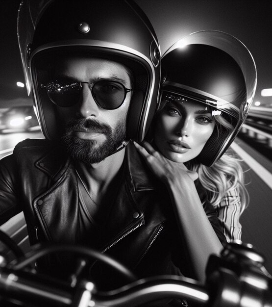 Photo elegant couple man woman ride motorbike at night embrace each other monochrome loving valentines