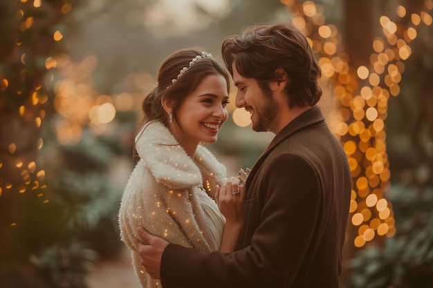 Elegant Couple Sharing a Moment Amidst Twinkling Lights