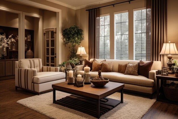 Elegant and Cozy Living Room Interior in Brown and Cream Colors with