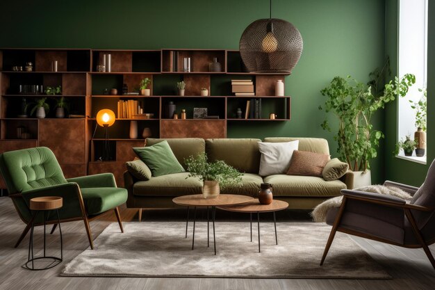 エレガントで居心地の良いリビング ルームのインテリアの茶色と緑色の家具と木製の要素