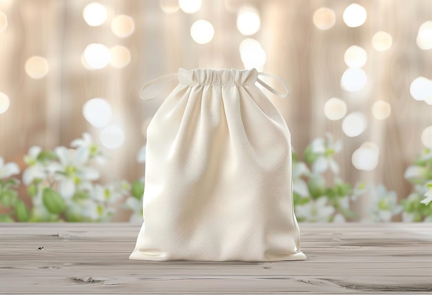 Elegant cream drawstring bag on a wooden piece in a rustic style luxury packaging or gift presentation